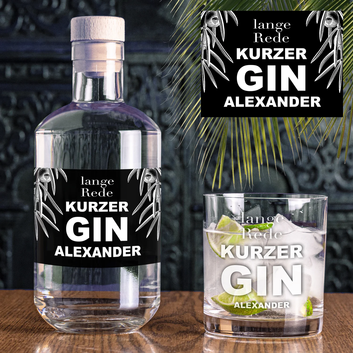Ginflasche und Ginglas Moodbild Flasche und Glas Vega Mit Personalisierung "Lange Rede, Kurzer GIN" - Das Perfekte Geschenk für Gin-Liebhaber